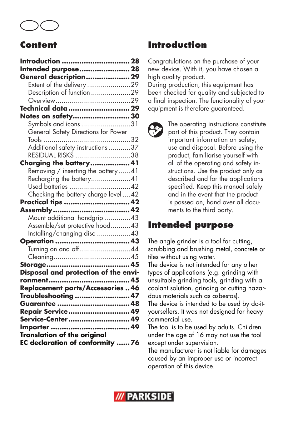 Content, Introduction, Intended purpose | Gb mt | Parkside PWSA 18 A1 User Manual | Page 28 / 78