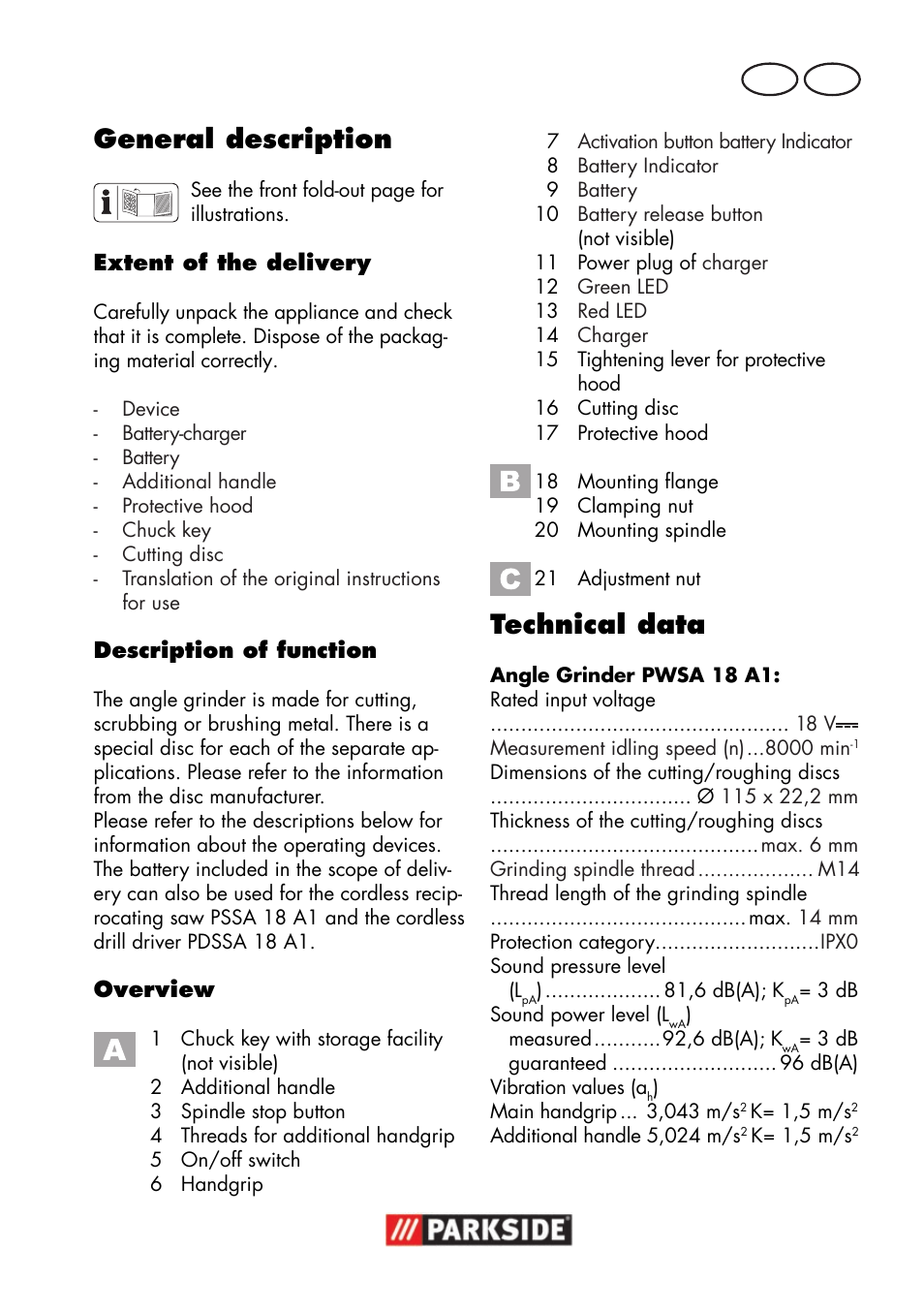 General description, Technical data, Gb mt | Parkside PWSA 18 A1 User Manual | Page 29 / 78