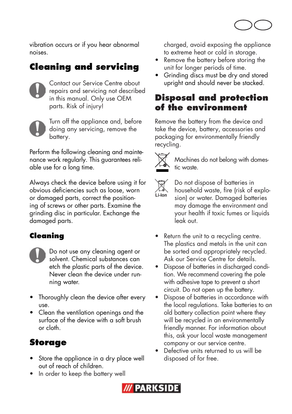 Cleaning and servicing, Storage, Disposal and protection of the environment | Gb mt | Parkside PWSA 18 A1 User Manual | Page 45 / 78