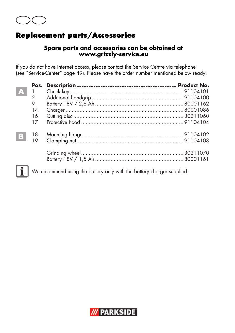 Replacement parts/accessories, Gb mt | Parkside PWSA 18 A1 User Manual | Page 46 / 78