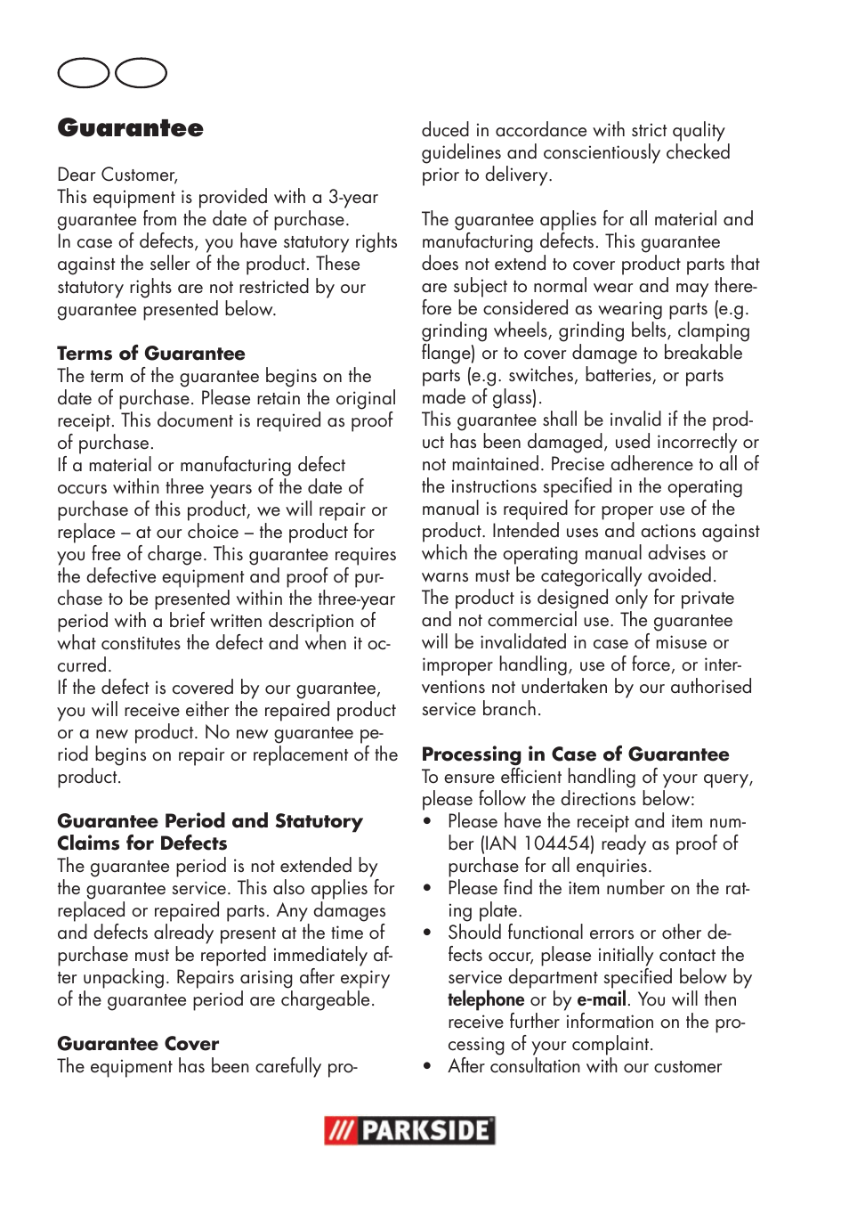 Guarantee, Gb mt | Parkside PWSA 18 A1 User Manual | Page 48 / 78