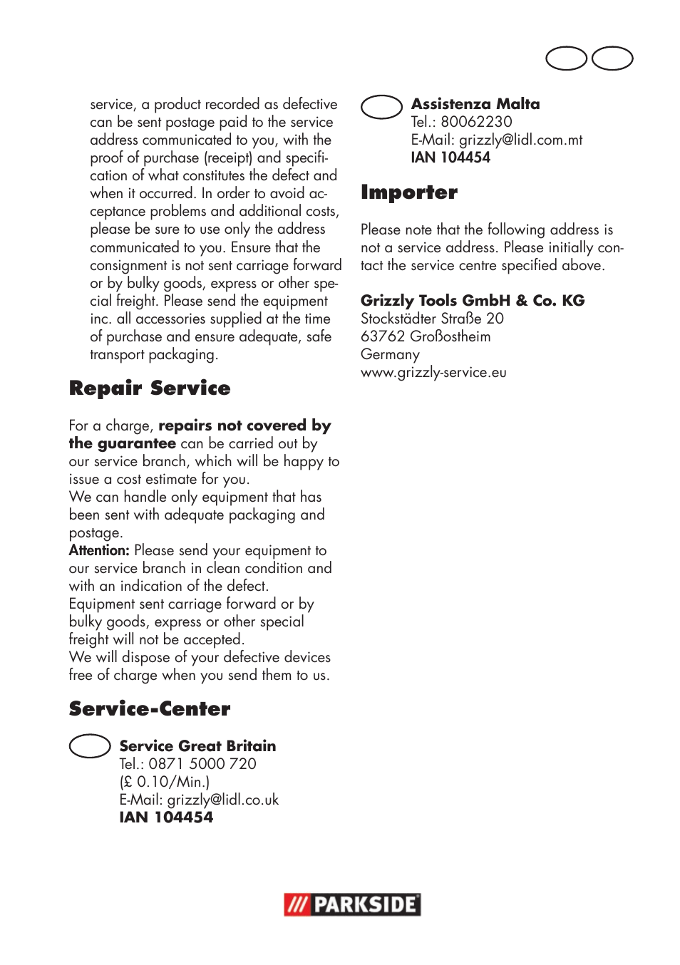Repair service, Service-center, Importer | Parkside PWSA 18 A1 User Manual | Page 49 / 78