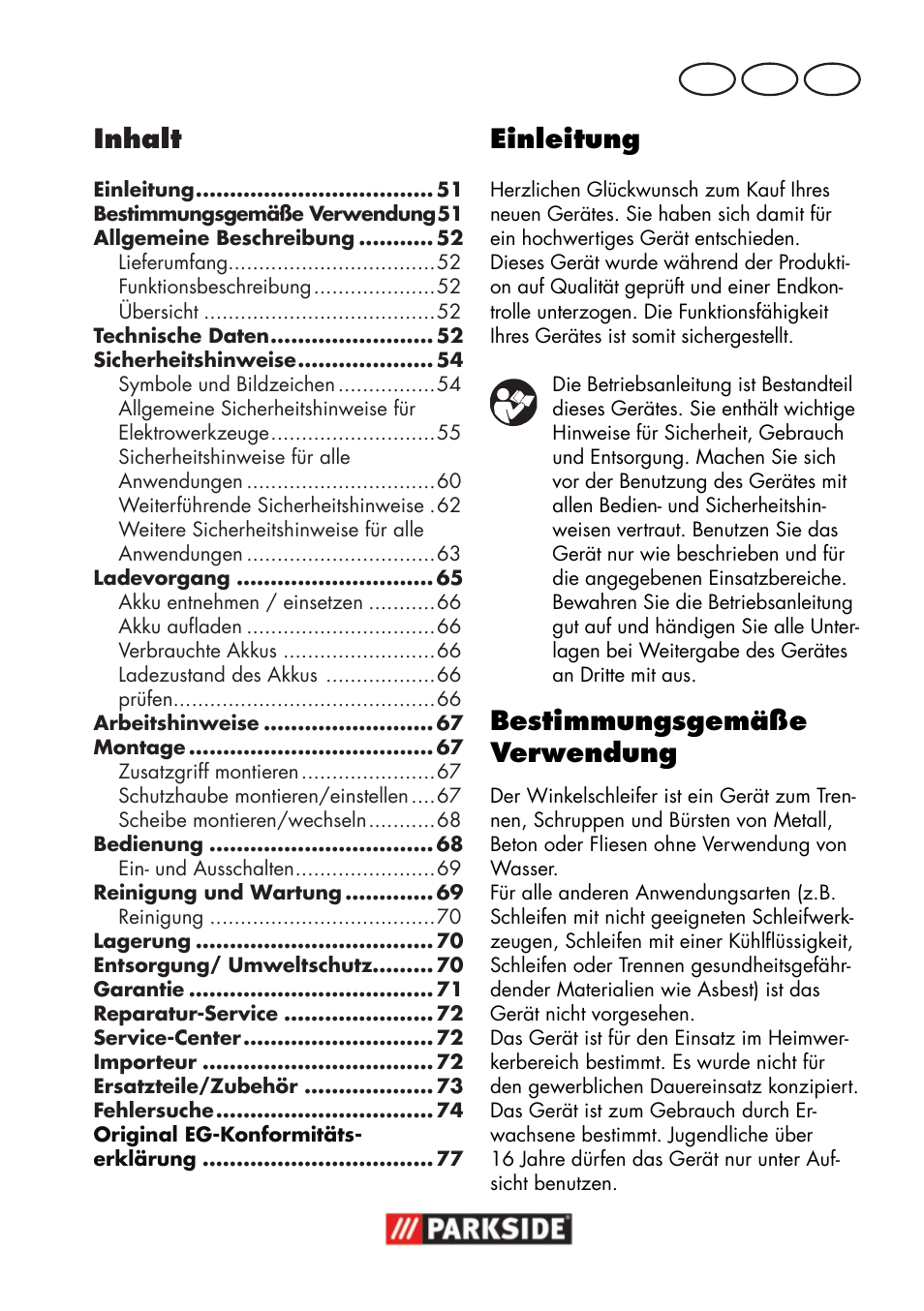 Inhalt, Einleitung, Bestimmungsgemäße verwendung | De at ch | Parkside PWSA 18 A1 User Manual | Page 51 / 78