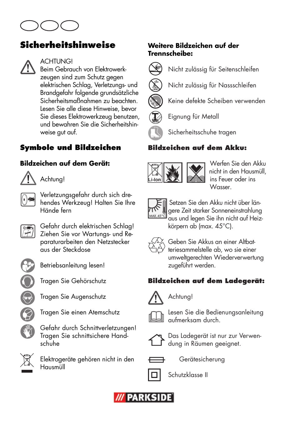 Sicherheitshinweise, De at ch | Parkside PWSA 18 A1 User Manual | Page 54 / 78