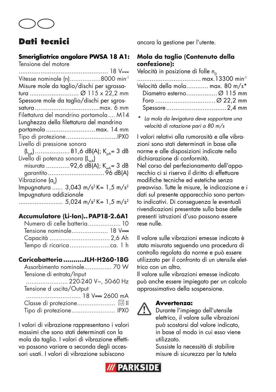 Dati tecnici, It mt | Parkside PWSA 18 A1 User Manual | Page 6 / 78