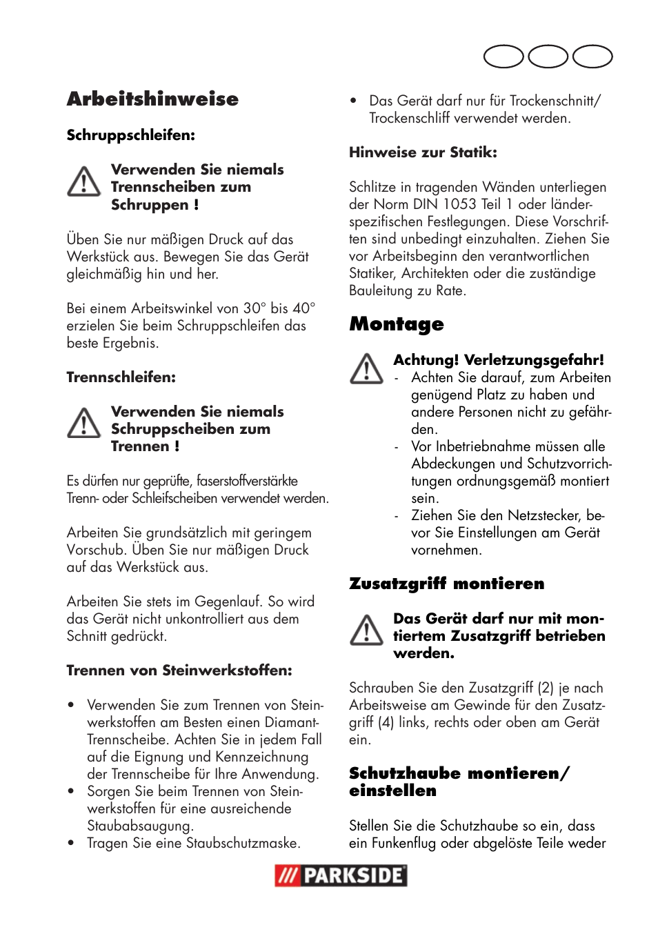 Arbeitshinweise, Montage, De at ch | Parkside PWSA 18 A1 User Manual | Page 67 / 78