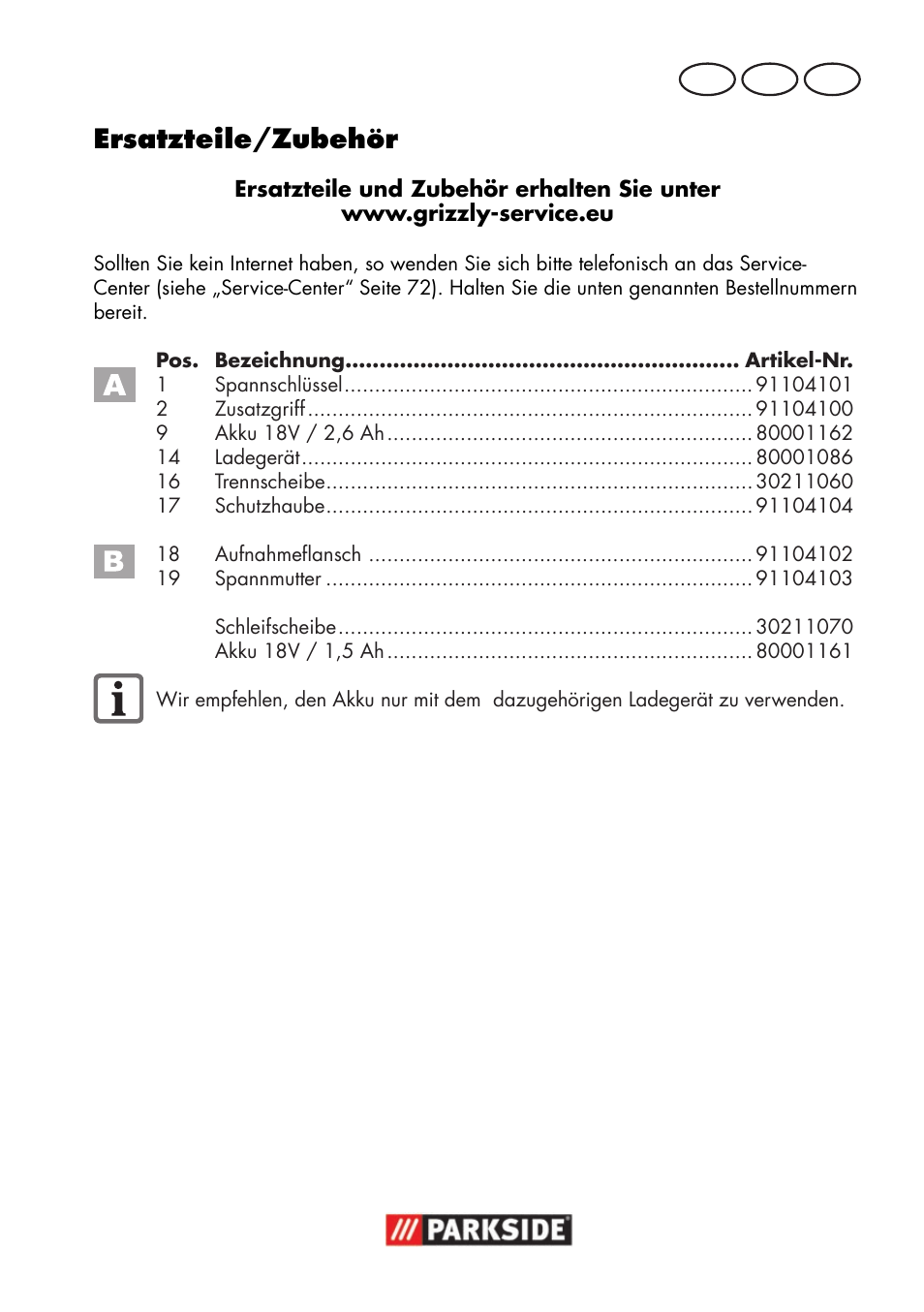 Ersatzteile/zubehör, De at ch | Parkside PWSA 18 A1 User Manual | Page 73 / 78