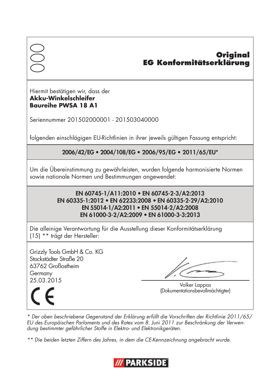 Original eg konformitätserklärung | Parkside PWSA 18 A1 User Manual | Page 77 / 78