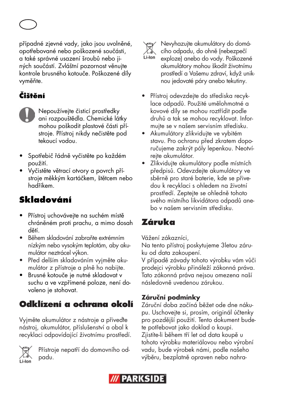 Skladování, Odklízení a ochrana okolí, Záruka | Parkside PWSA 18 A1 User Manual | Page 114 / 170