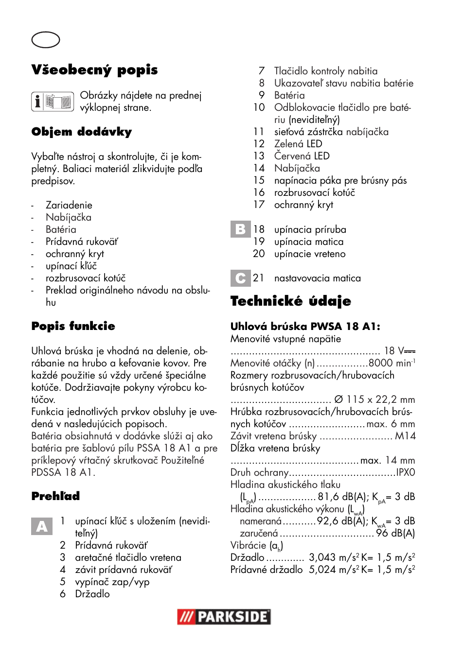 Všeobecný popis, Technické údaje | Parkside PWSA 18 A1 User Manual | Page 120 / 170