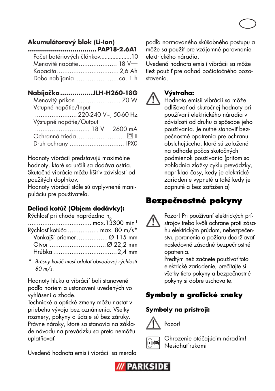 Bezpečnostné pokyny | Parkside PWSA 18 A1 User Manual | Page 121 / 170