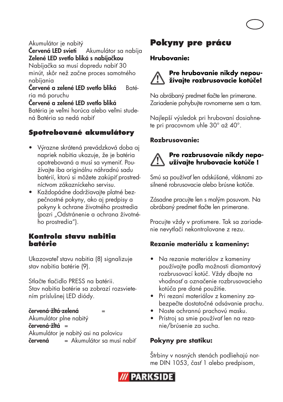 Pokyny pre prácu | Parkside PWSA 18 A1 User Manual | Page 133 / 170