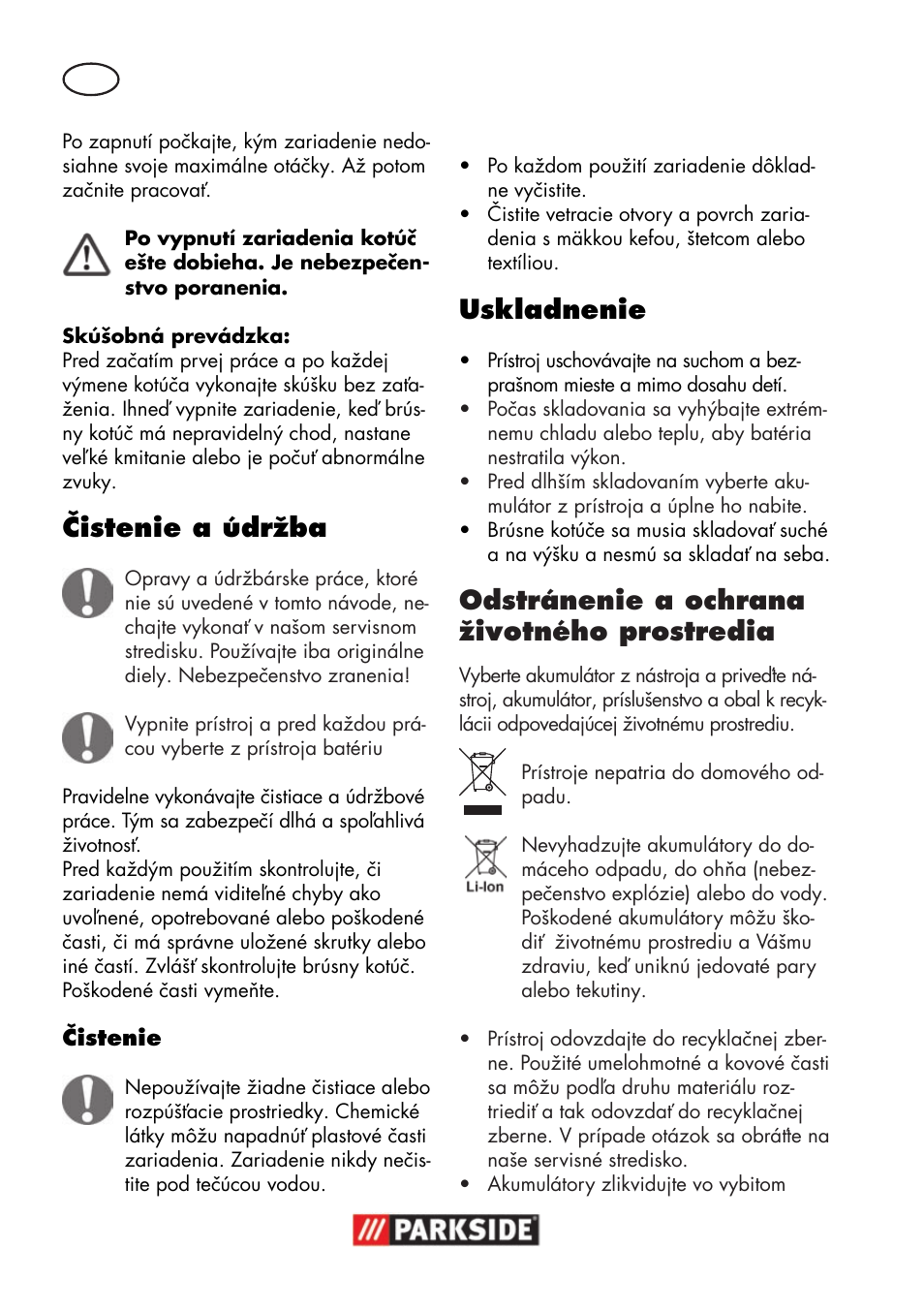 Čistenie a údržba, Uskladnenie, Odstránenie a ochrana životného prostredia | Parkside PWSA 18 A1 User Manual | Page 136 / 170