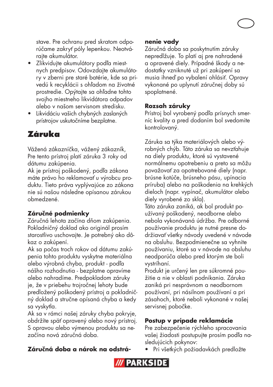 Záruka | Parkside PWSA 18 A1 User Manual | Page 137 / 170