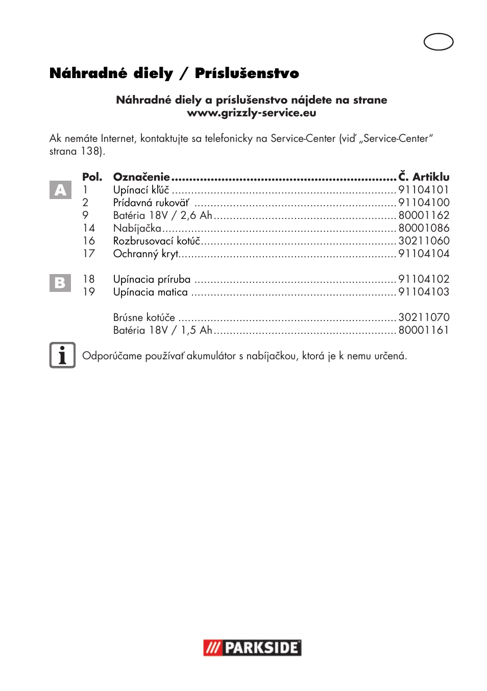 Náhradné diely / príslušenstvo | Parkside PWSA 18 A1 User Manual | Page 139 / 170