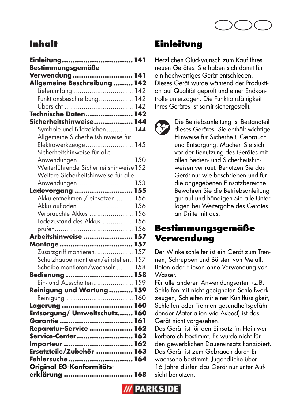 Inhalt, Einleitung, Bestimmungsgemäße verwendung | De at ch | Parkside PWSA 18 A1 User Manual | Page 141 / 170