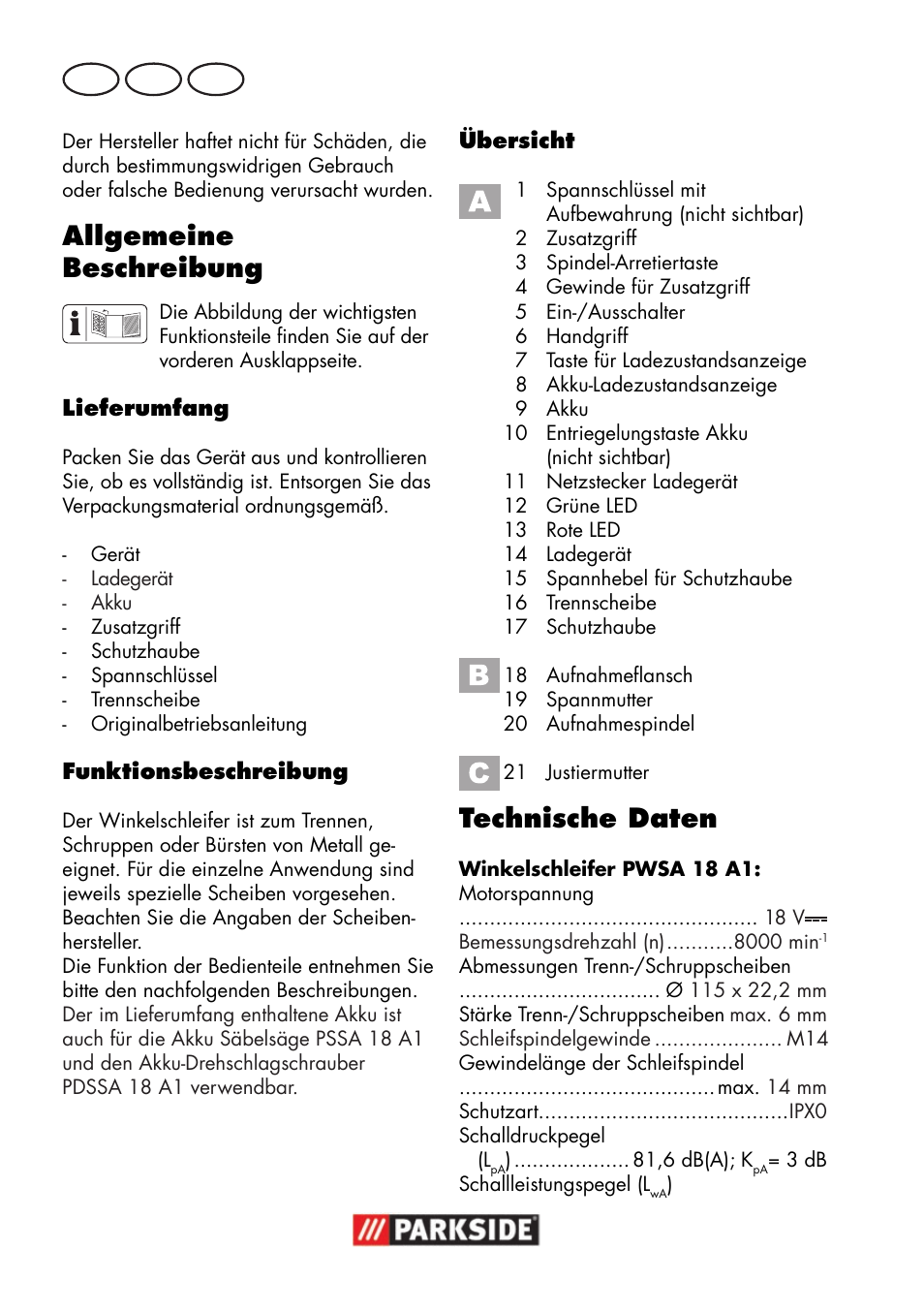 Allgemeine beschreibung, Technische daten, De at ch | Parkside PWSA 18 A1 User Manual | Page 142 / 170