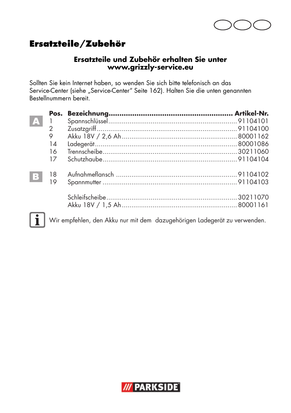 Ersatzteile/zubehör, De at ch | Parkside PWSA 18 A1 User Manual | Page 163 / 170