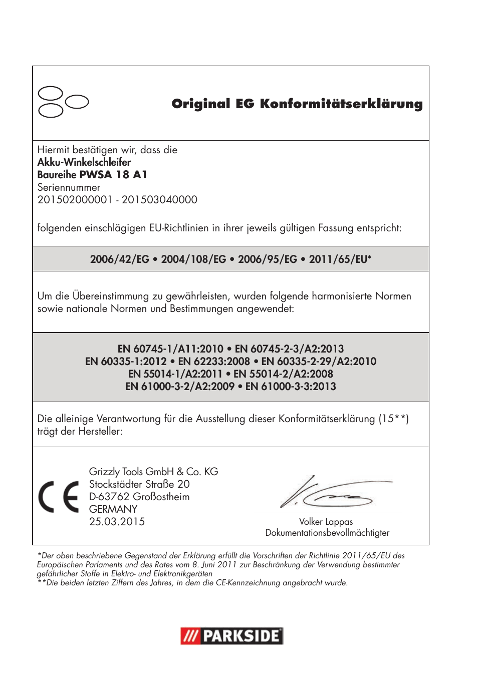 Original eg konformitätserklärung | Parkside PWSA 18 A1 User Manual | Page 168 / 170