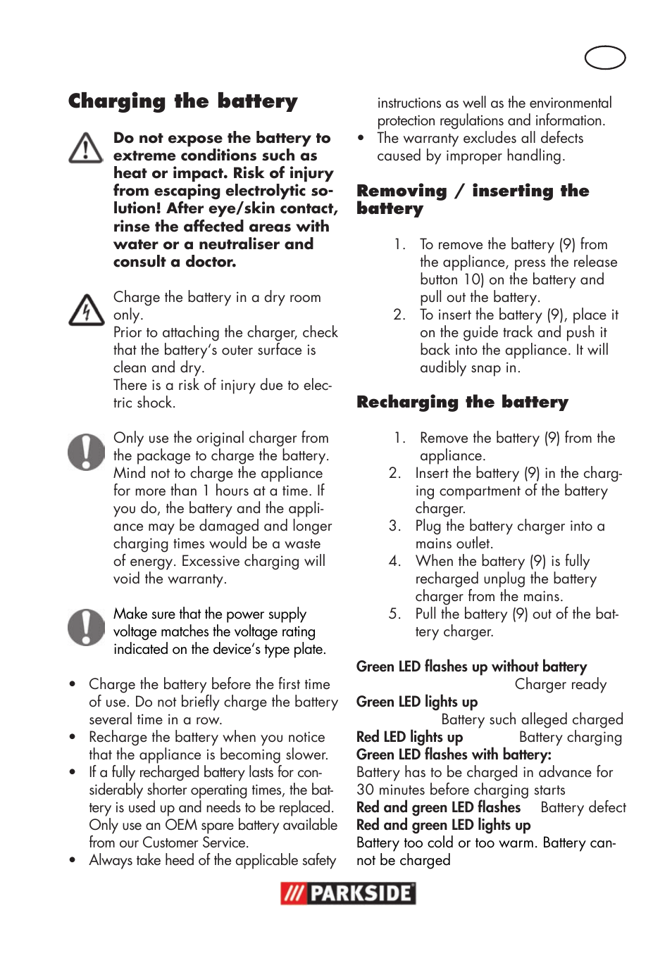 Charging the battery | Parkside PWSA 18 A1 User Manual | Page 17 / 170