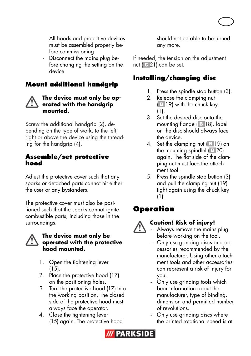 Operation | Parkside PWSA 18 A1 User Manual | Page 19 / 170