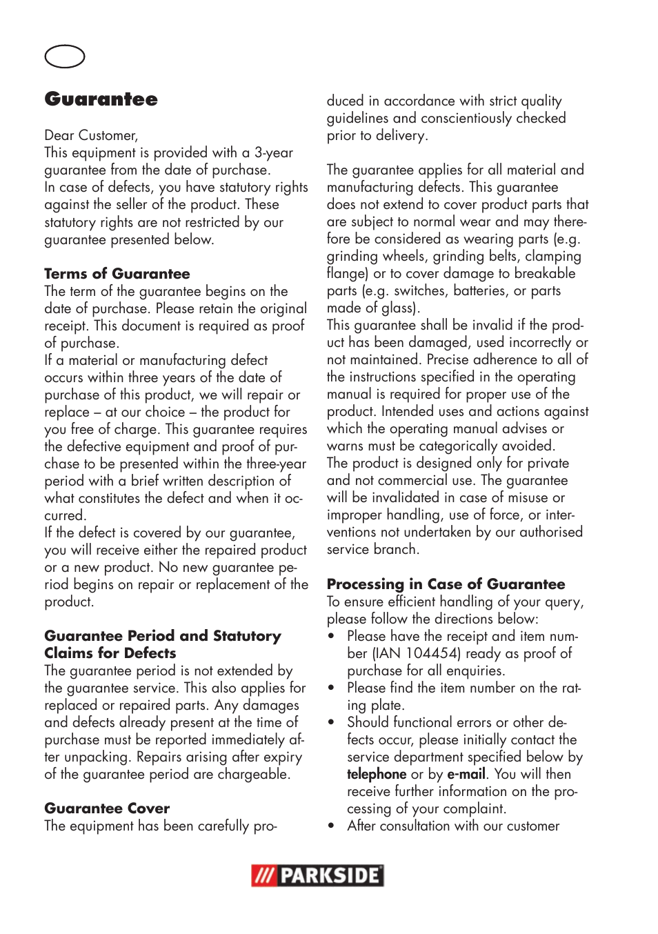 Guarantee | Parkside PWSA 18 A1 User Manual | Page 24 / 170