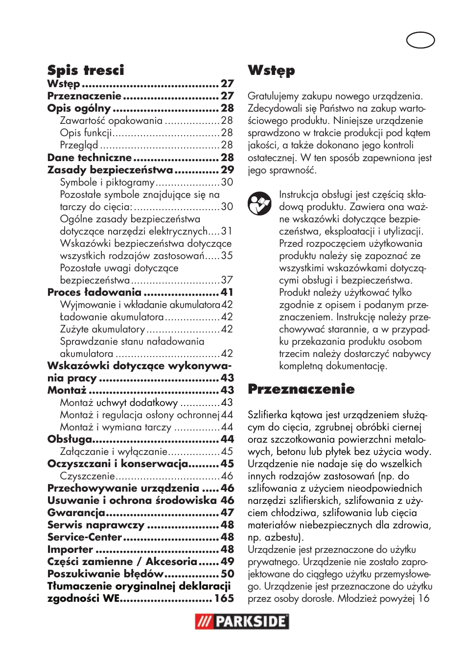Spis tresci, Wstęp, Przeznaczenie | Parkside PWSA 18 A1 User Manual | Page 27 / 170