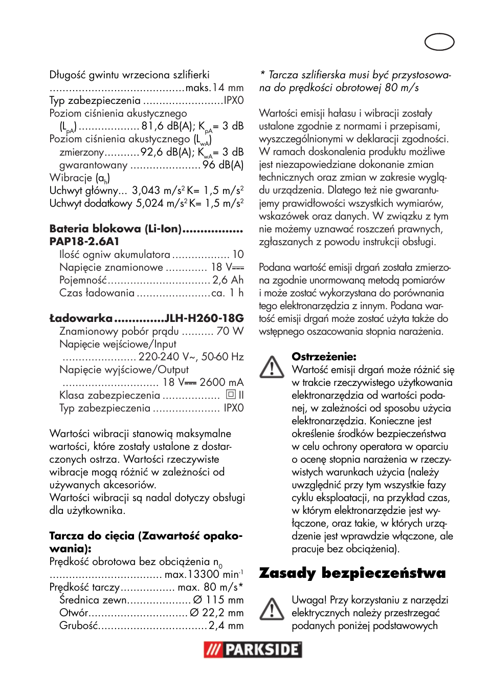 Zasady bezpieczeństwa | Parkside PWSA 18 A1 User Manual | Page 29 / 170