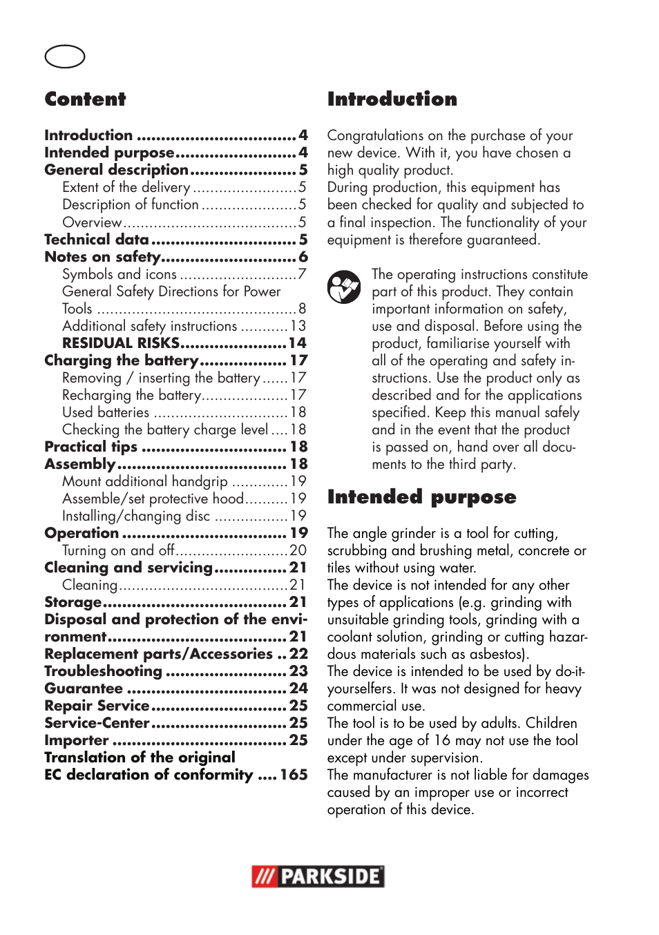Content, Introduction, Intended purpose | Parkside PWSA 18 A1 User Manual | Page 4 / 170