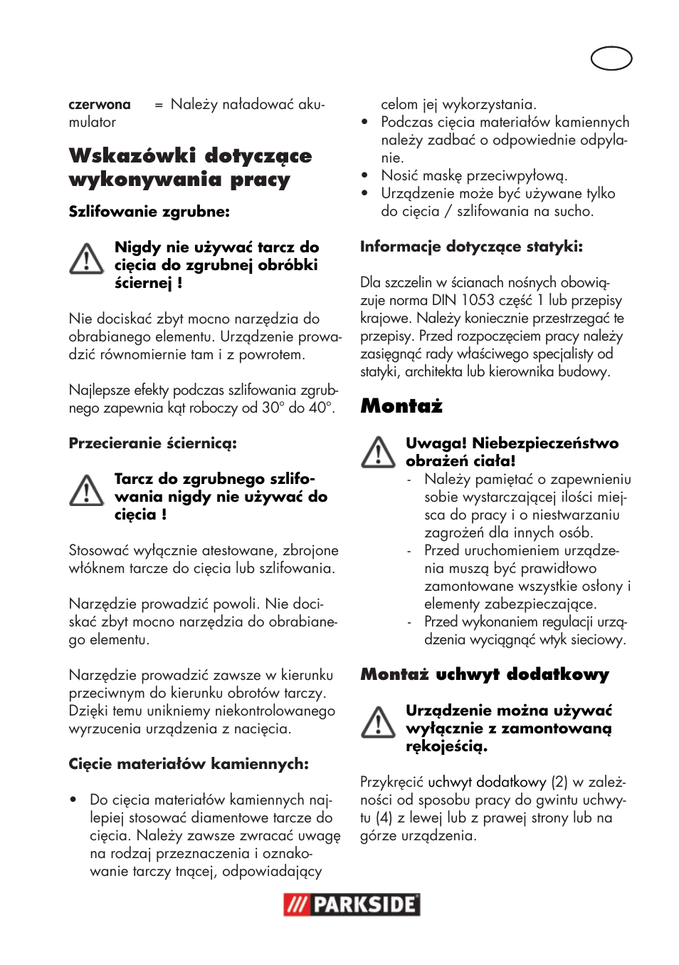 Wskazówki dotyczące wykonywania pracy, Montaż | Parkside PWSA 18 A1 User Manual | Page 43 / 170