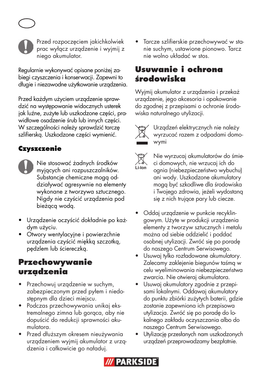 Przechowywanie urządzenia, Usuwanie i ochrona środowiska | Parkside PWSA 18 A1 User Manual | Page 46 / 170