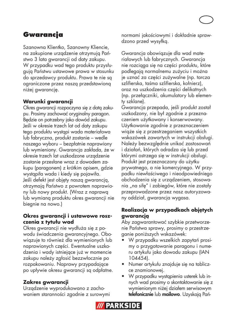 Gwarancja | Parkside PWSA 18 A1 User Manual | Page 47 / 170