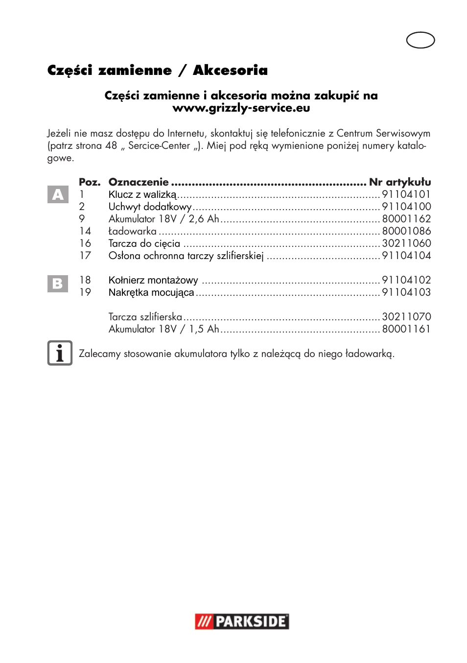 Części zamienne / akcesoria | Parkside PWSA 18 A1 User Manual | Page 49 / 170