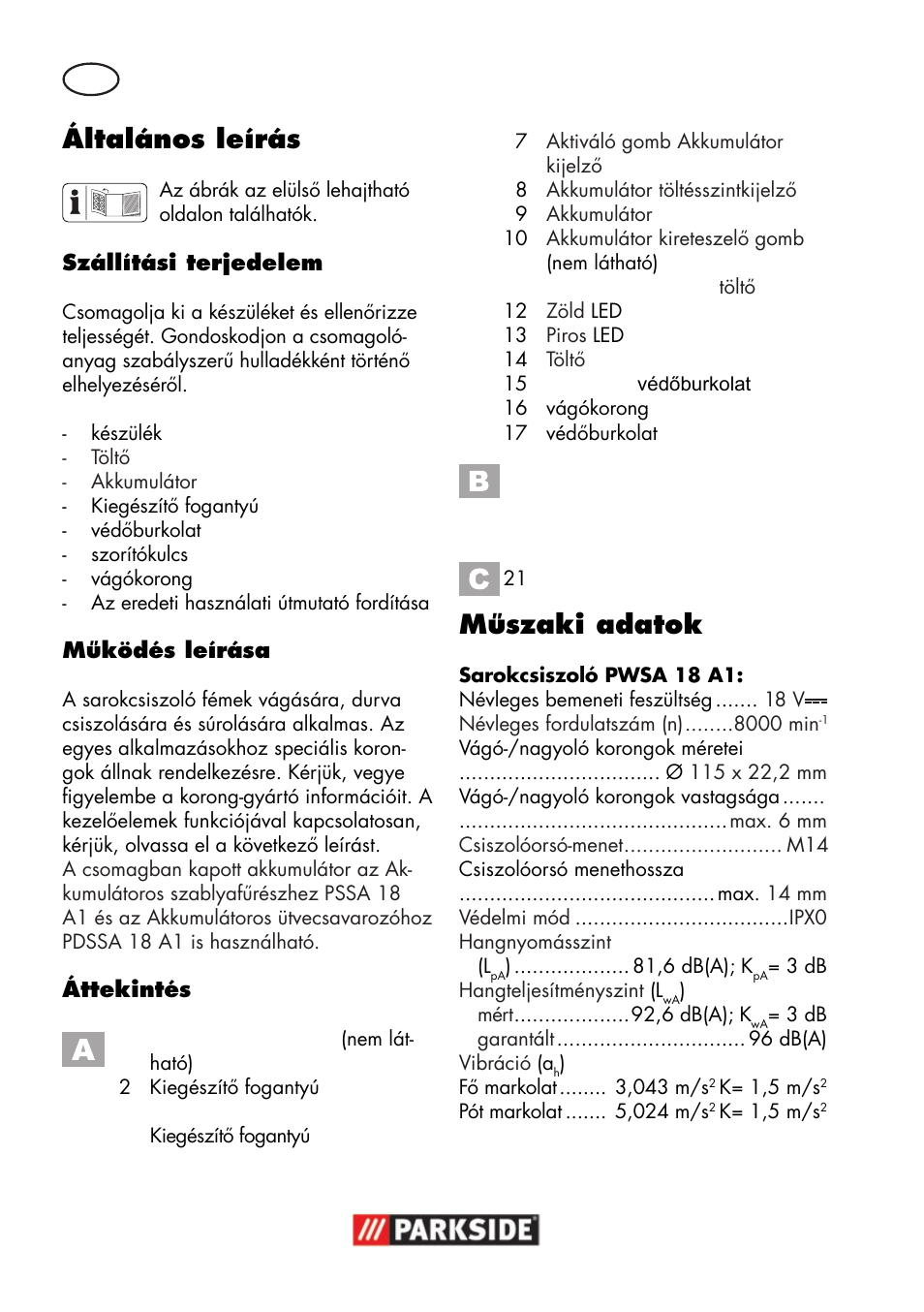 Általános leírás, Műszaki adatok | Parkside PWSA 18 A1 User Manual | Page 52 / 170