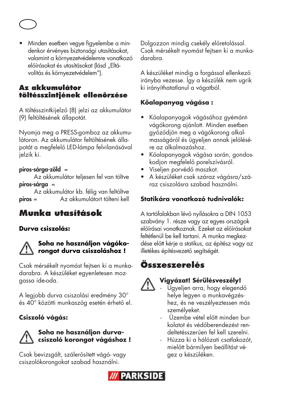Munka utasítások, Összeszerelés | Parkside PWSA 18 A1 User Manual | Page 66 / 170
