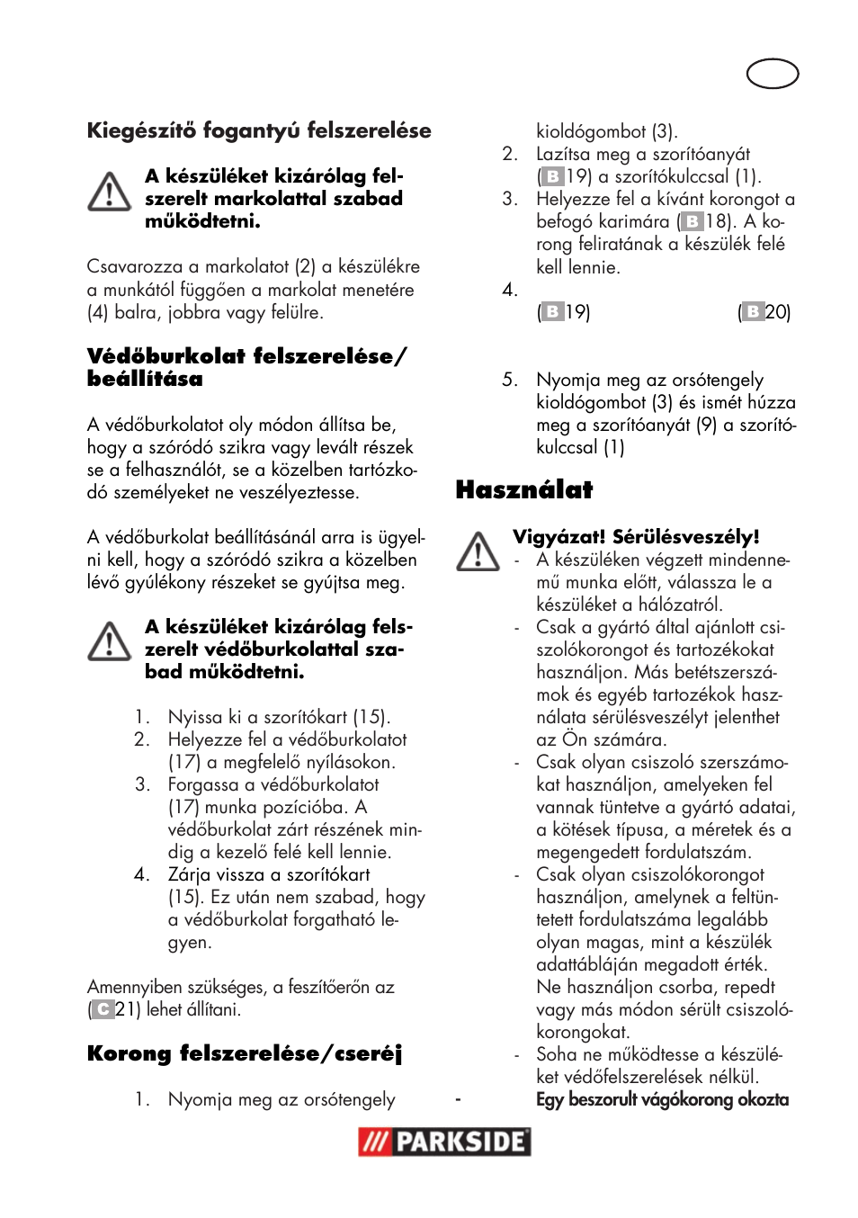 Használat | Parkside PWSA 18 A1 User Manual | Page 67 / 170