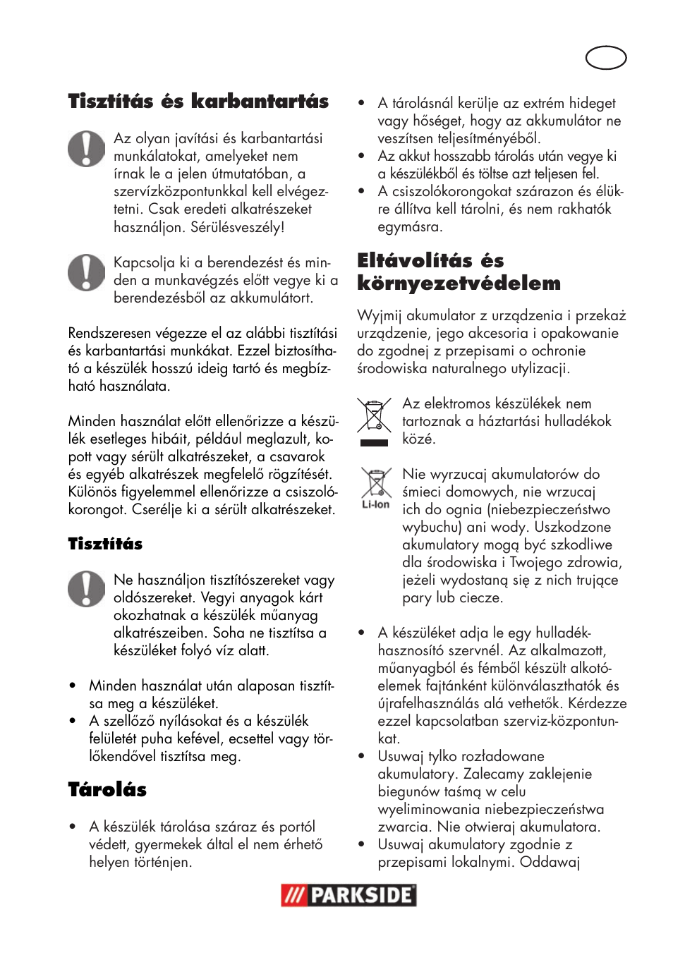 Tisztítás és karbantartás, Tárolás, Eltávolítás és környezetvédelem | Parkside PWSA 18 A1 User Manual | Page 69 / 170