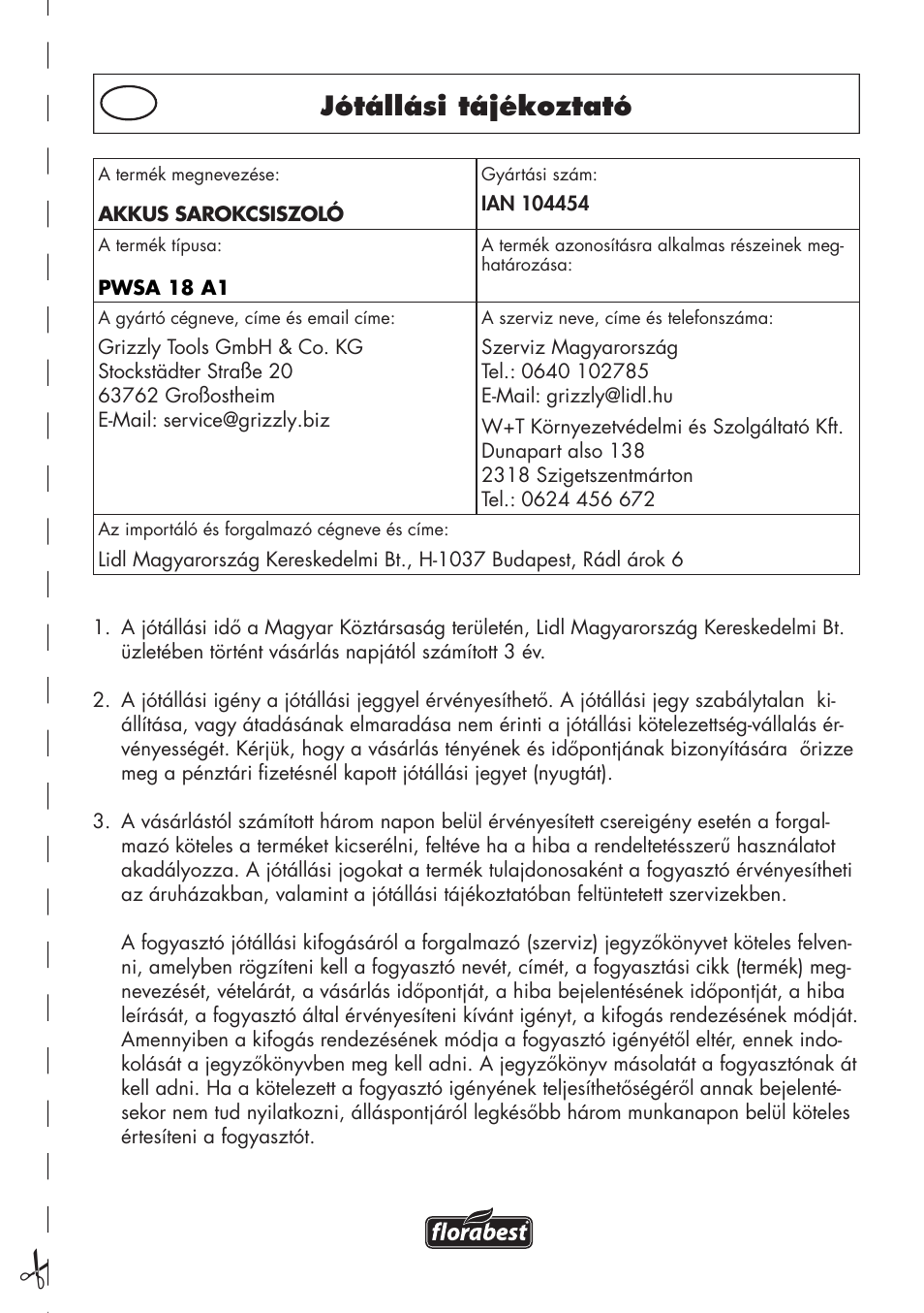Jótállási tájékoztató | Parkside PWSA 18 A1 User Manual | Page 73 / 170