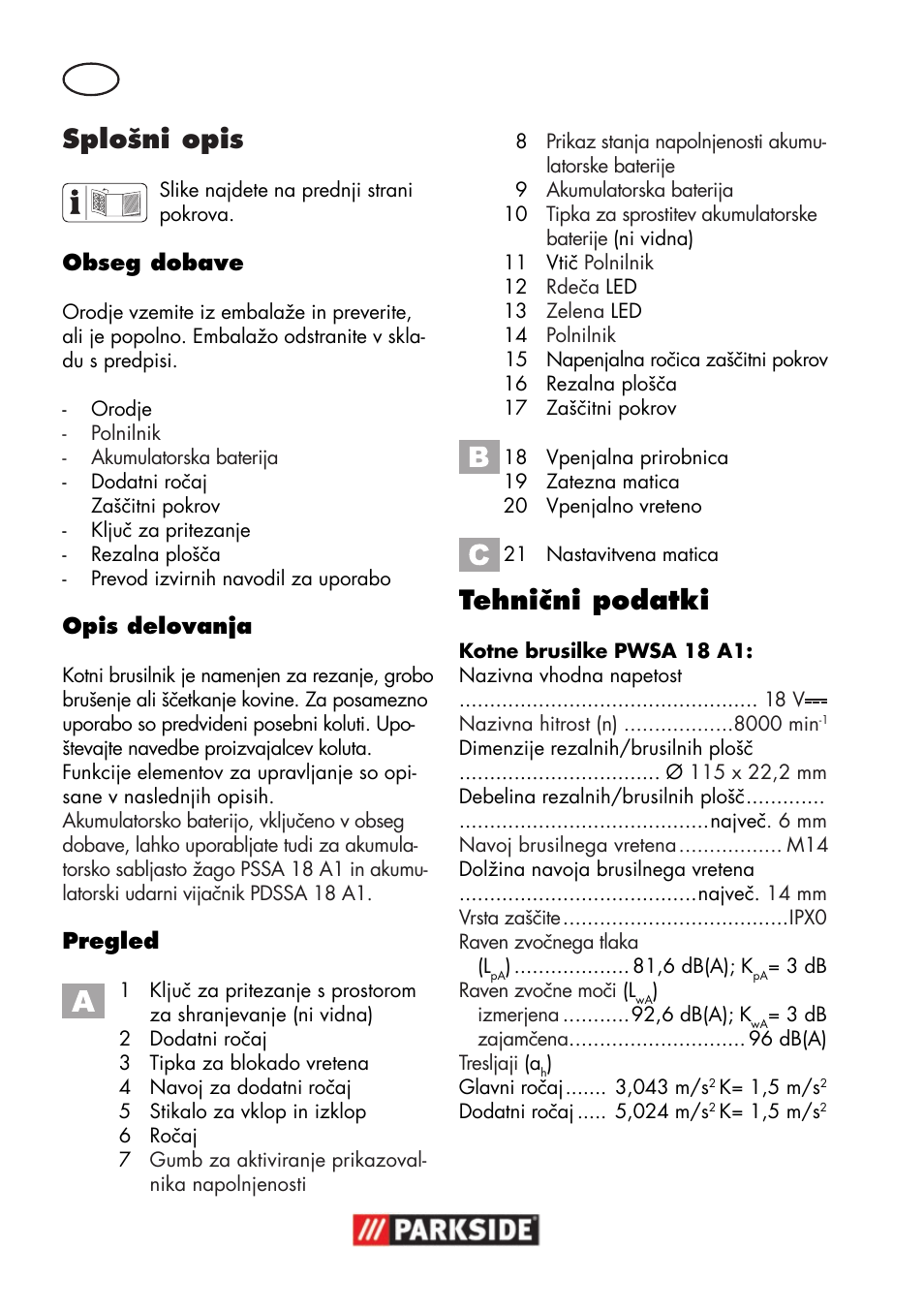 Splošni opis, Tehnični podatki | Parkside PWSA 18 A1 User Manual | Page 76 / 170