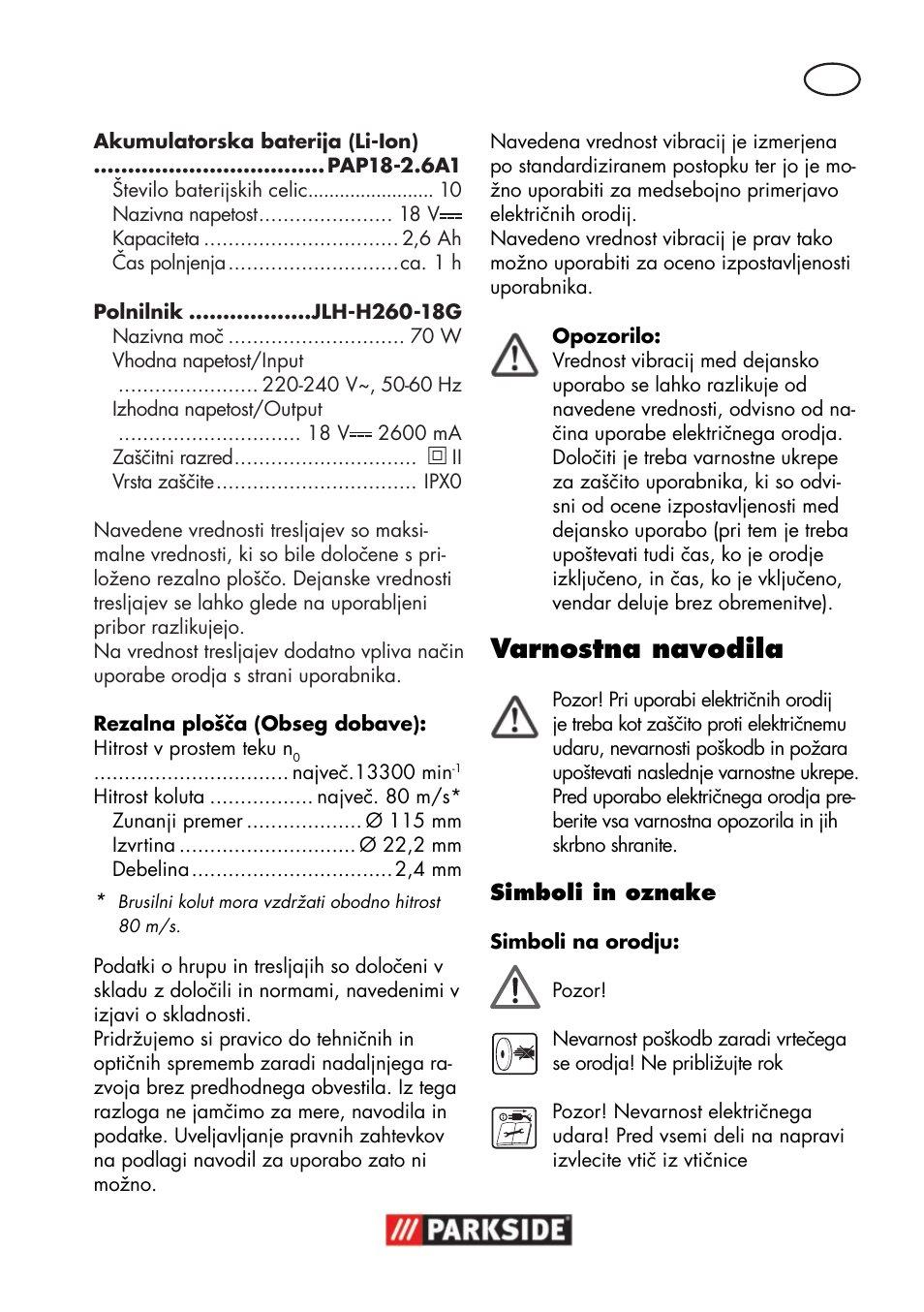 Varnostna navodila | Parkside PWSA 18 A1 User Manual | Page 77 / 170