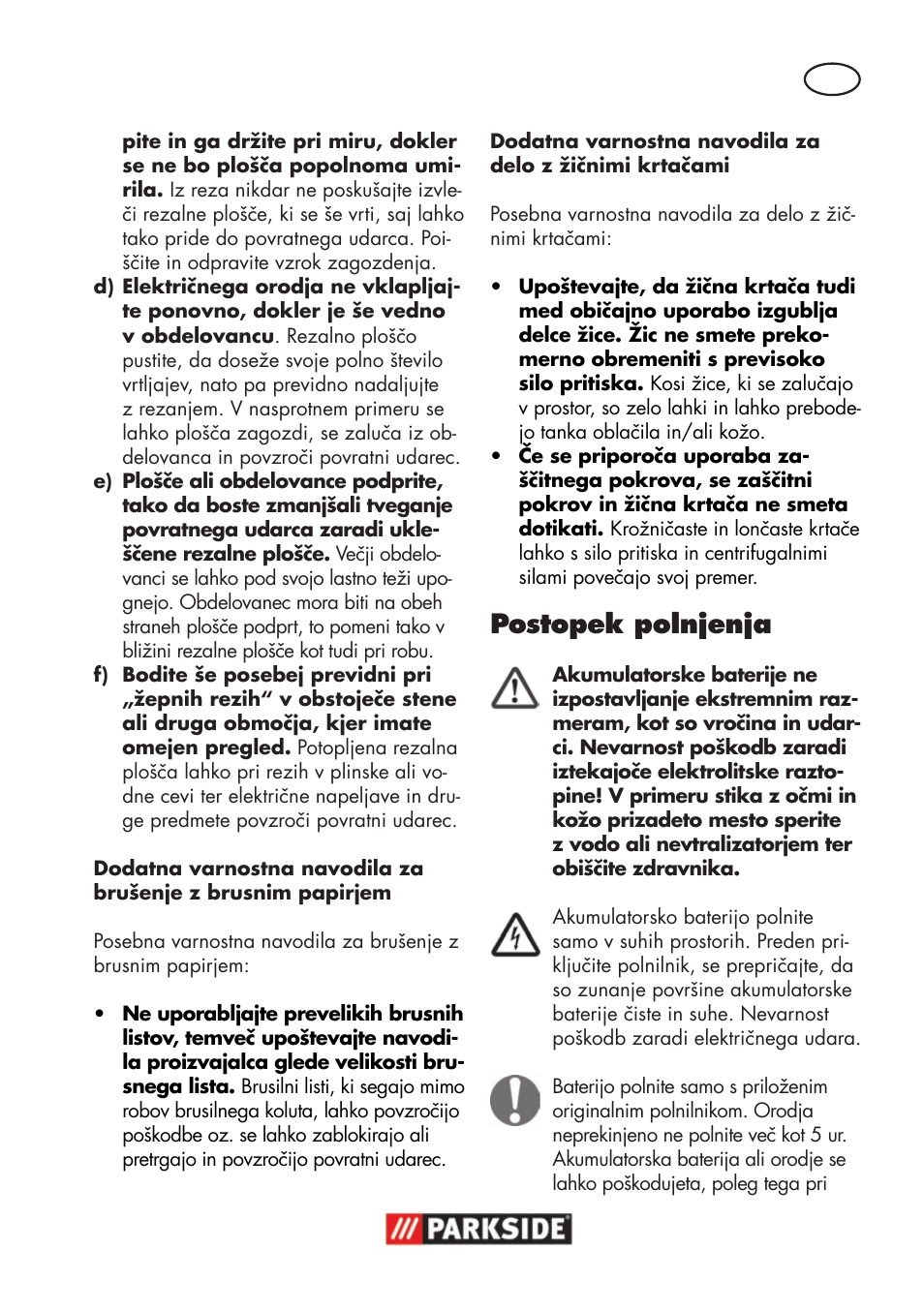 Postopek polnjenja | Parkside PWSA 18 A1 User Manual | Page 87 / 170