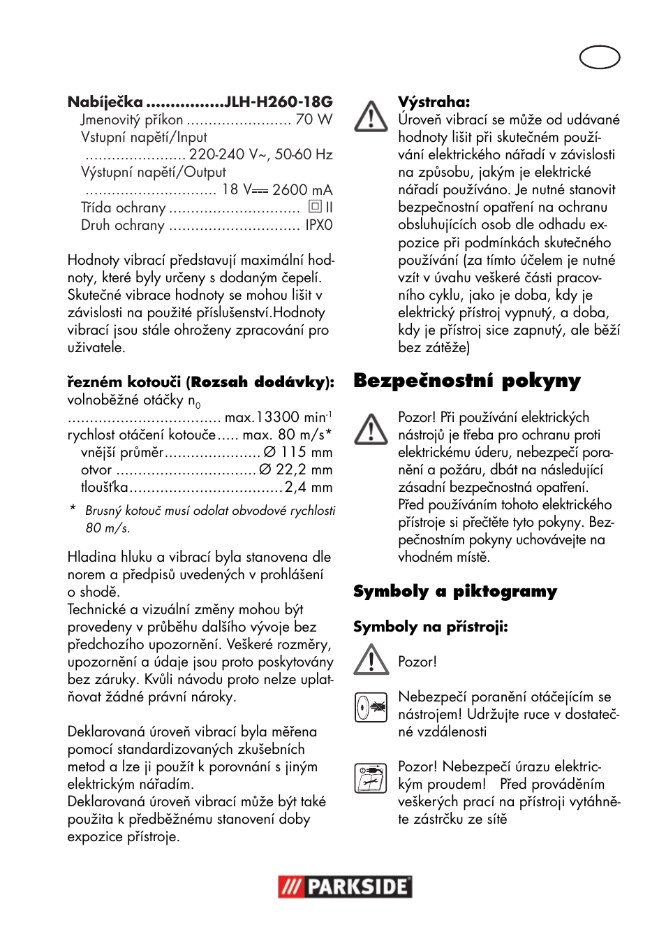 Bezpečnostní pokyny | Parkside PWSA 18 A1 User Manual | Page 99 / 170