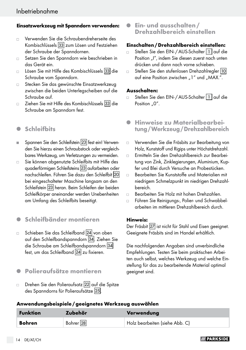 Inbetriebnahme, Schleifbits, Schleifbänder montieren | Polieraufsätze montieren, Ein- und ausschalten / drehzahlbereich einstellen | Parkside PFBS 160 A1 User Manual | Page 14 / 59