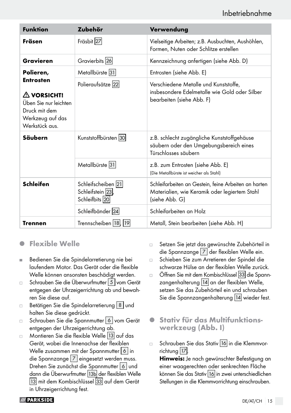 Inbetriebnahme, Flexible welle, Stativ für das multifunktions- werkzeug (abb. i) | Parkside PFBS 160 A1 User Manual | Page 15 / 59