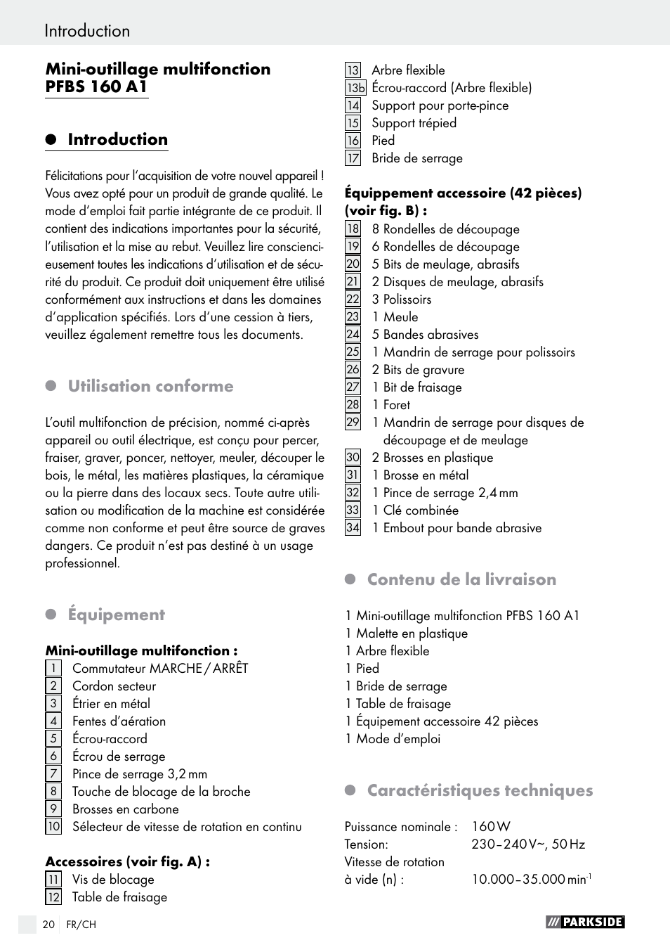 Mini-outillage multifonction pfbs 160 a1, Introduction, Utilisation conforme | Équipement, Contenu de la livraison, Caractéristiques techniques | Parkside PFBS 160 A1 User Manual | Page 20 / 59