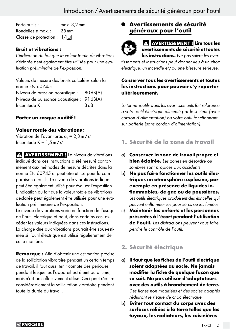 Avertissements de sécurité généraux pour l’outil, Sécurité de la zone de travail, Sécurité électrique | Parkside PFBS 160 A1 User Manual | Page 21 / 59