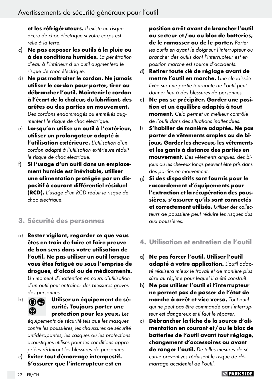 Avertissements de sécurité généraux pour l’outil, Sécurité des personnes, Utilisation et entretien de l’outil | Parkside PFBS 160 A1 User Manual | Page 22 / 59