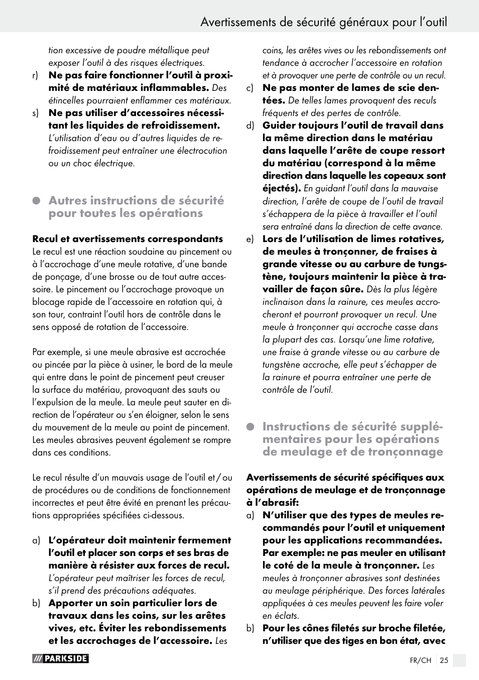 Avertissements de sécurité généraux pour l’outil | Parkside PFBS 160 A1 User Manual | Page 25 / 59