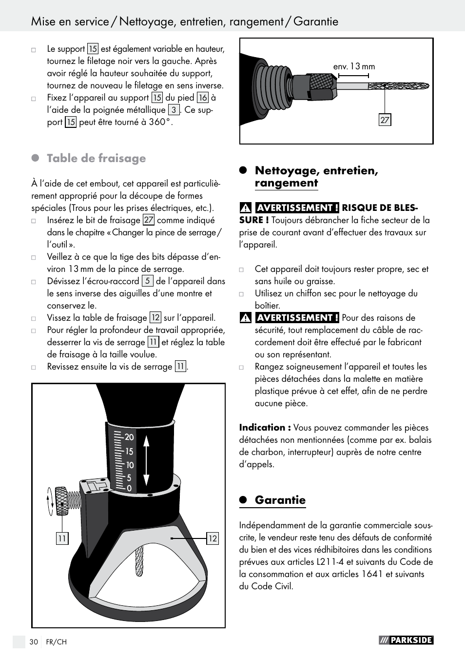 Table de fraisage, Nettoyage, entretien, rangement, Garantie | Parkside PFBS 160 A1 User Manual | Page 30 / 59