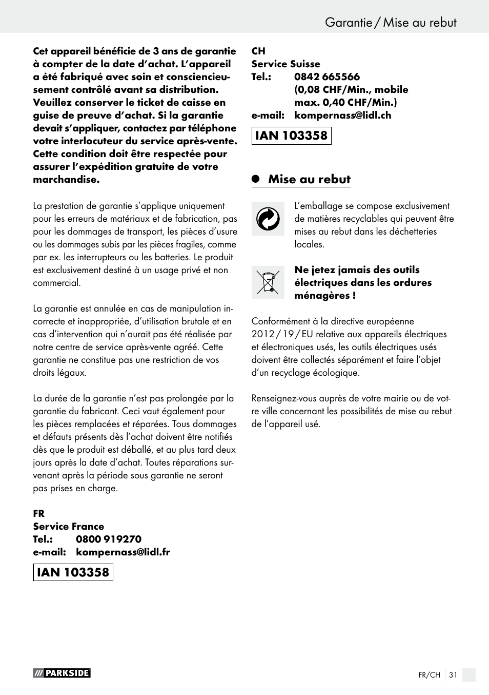 Garantie / mise au rebut, Mise au rebut | Parkside PFBS 160 A1 User Manual | Page 31 / 59
